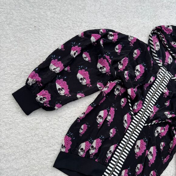 Women's Skull Print Hoodie Floral AOP Washed Silk Puff Sleeves Size M Tilly Rose - Picture 11 of 11